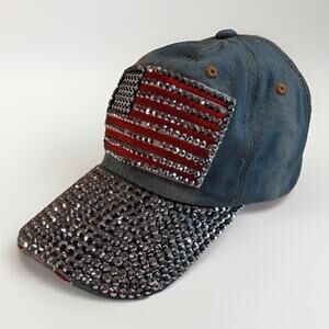 Bling American Flag Denim Baseball Cap Rhinestone USA Patriotic Women's Hat
